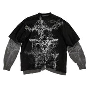 Trendy Graffiti Print Fake Two-Piece Long Sleeve Tee