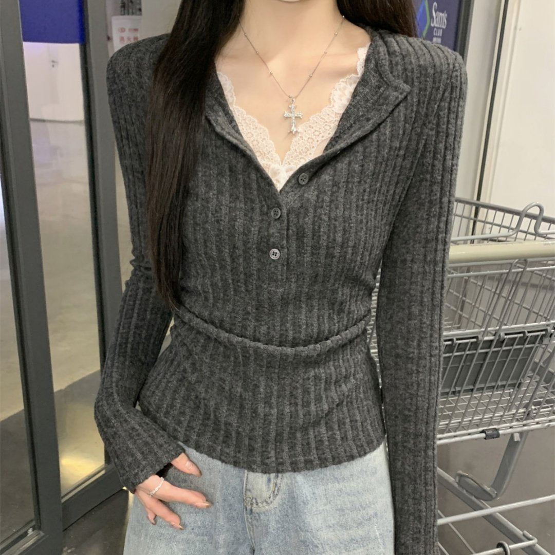 Gray Lace Patchwork Hoodie Top