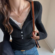 Elegant Lace-Trimmed Long Sleeve Women's T-Shirt