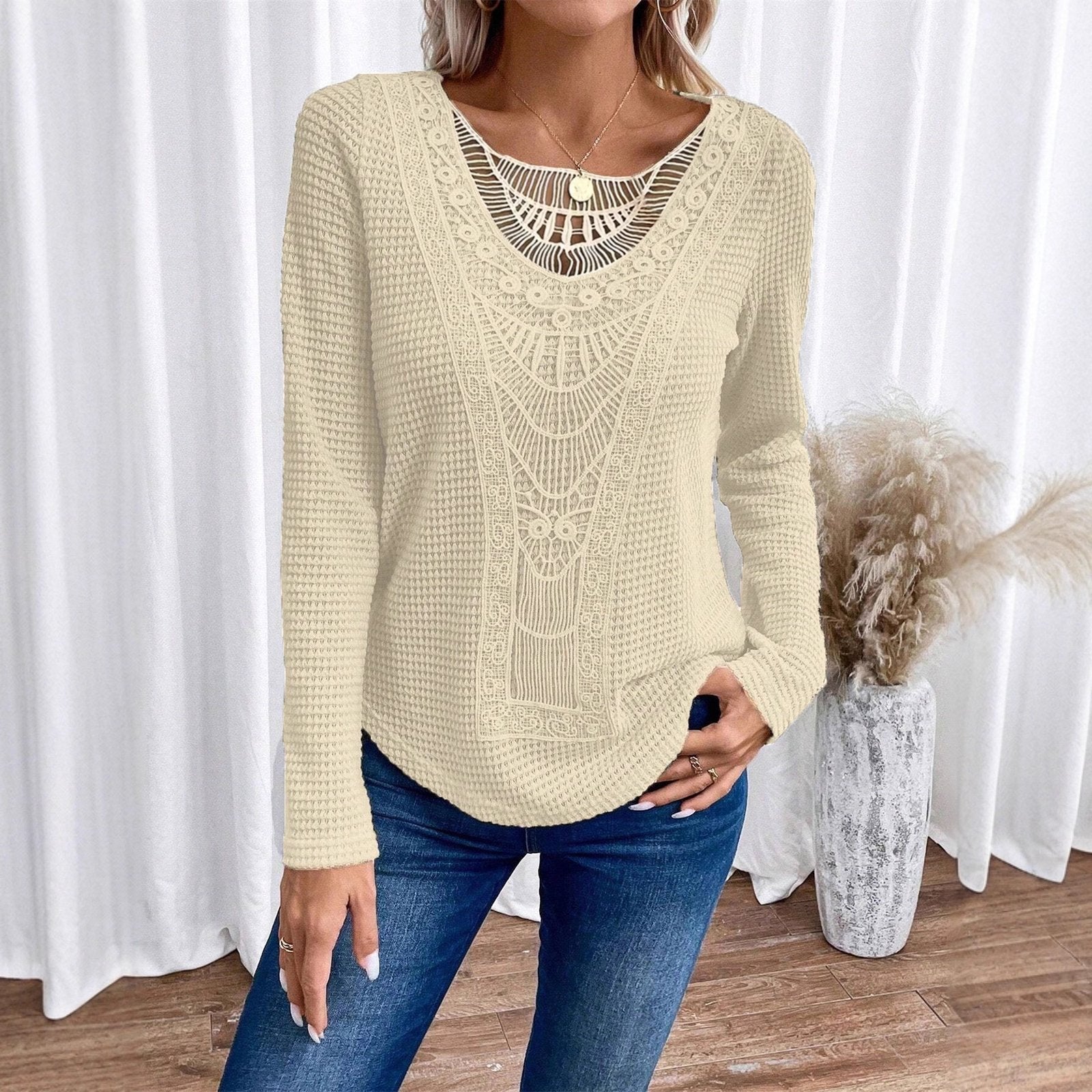 Chic Solid Color Lace Long Sleeve Top for Women