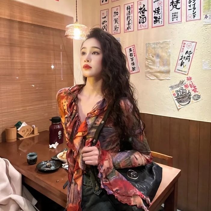 Elegant Floral Ruffled Long-Sleeve Chiffon Blouse