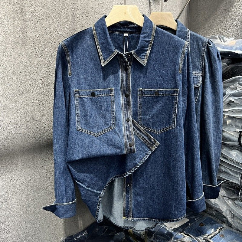 Retro Layered Denim Long-Sleeve Casual Top