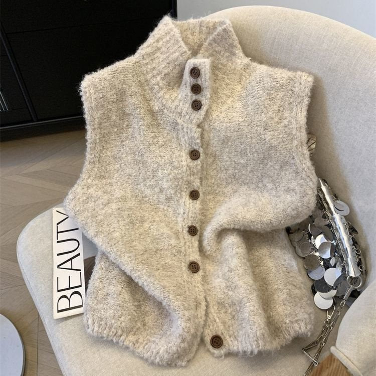 Refined Oatmeal Knitted Vest for Women