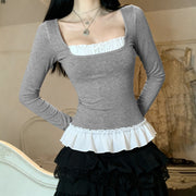 Chic Lace Patchwork Long Sleeve Slim Top for Women