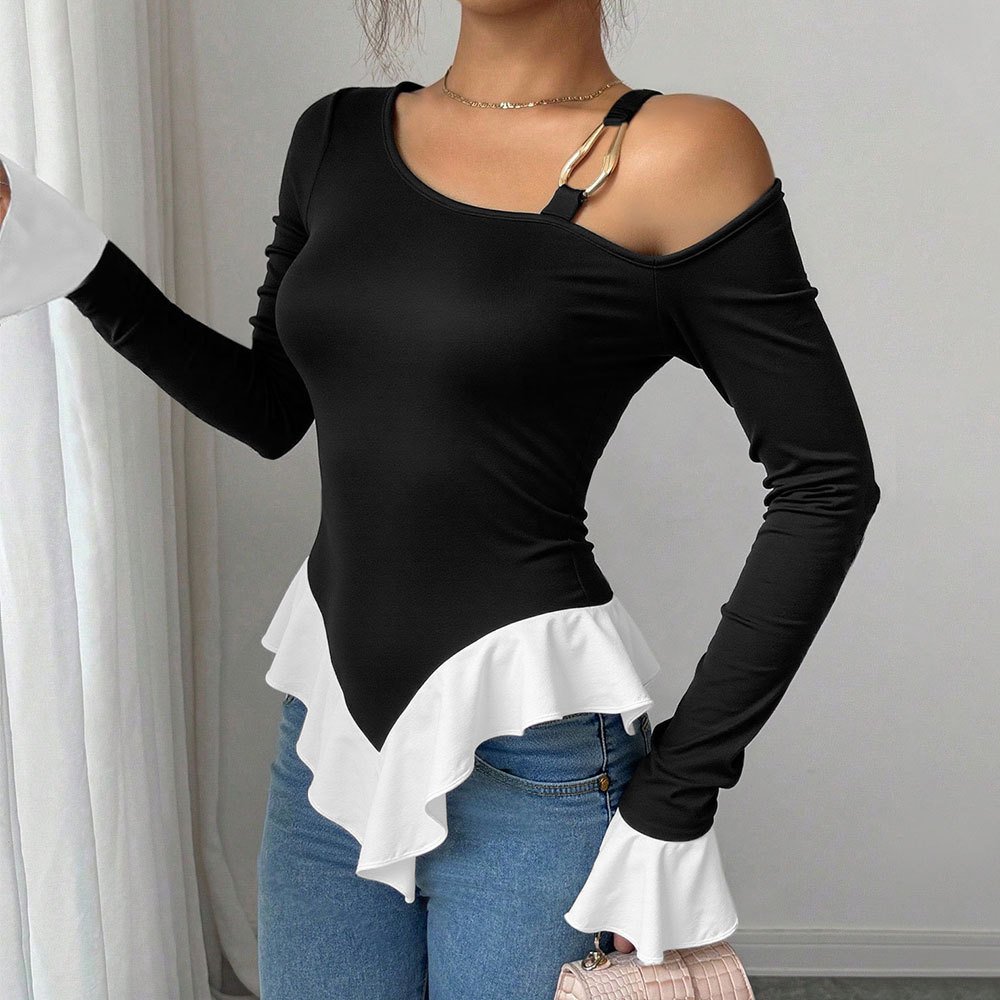 Chic One-Shoulder Metal Ring Ruffle Top