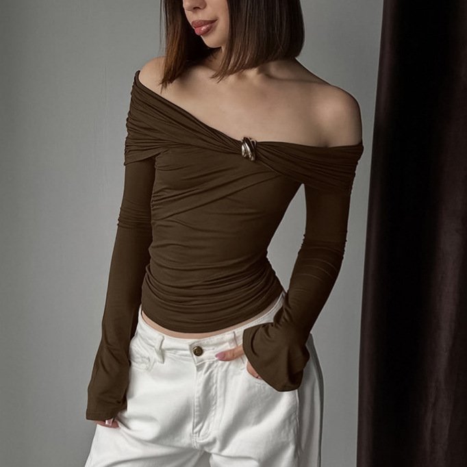 Chic Off-Shoulder Irregular Long-Sleeve Slim Top