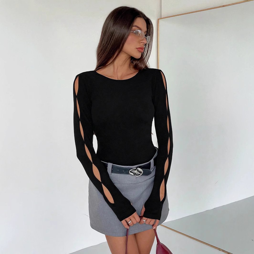 Hollow-Out Slim Fit Long Sleeve Women's T-Shirt