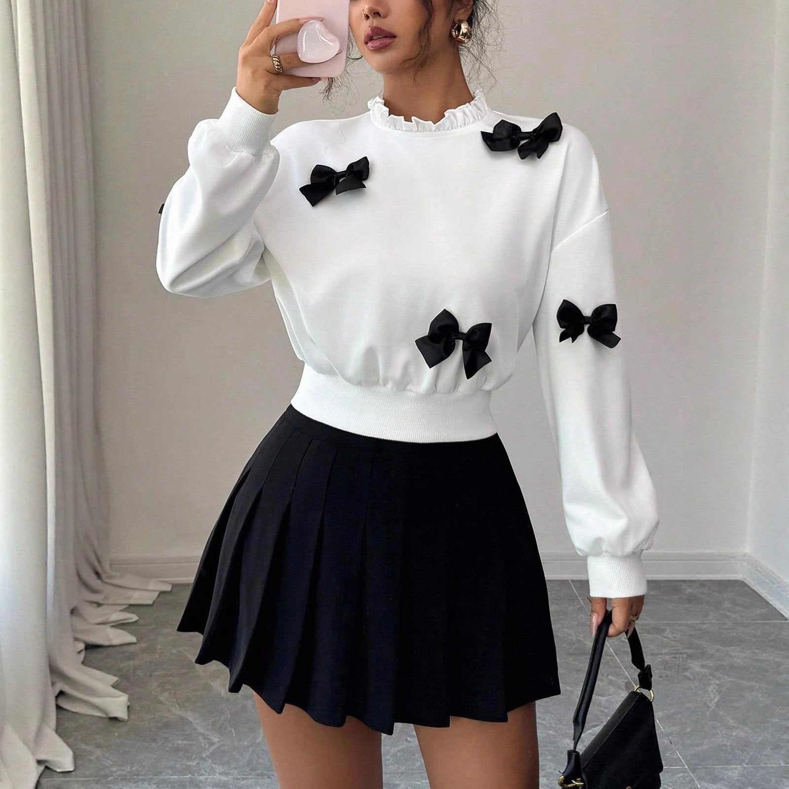 Chic Bow Decor Short Hoodie for Women Casual Pullover