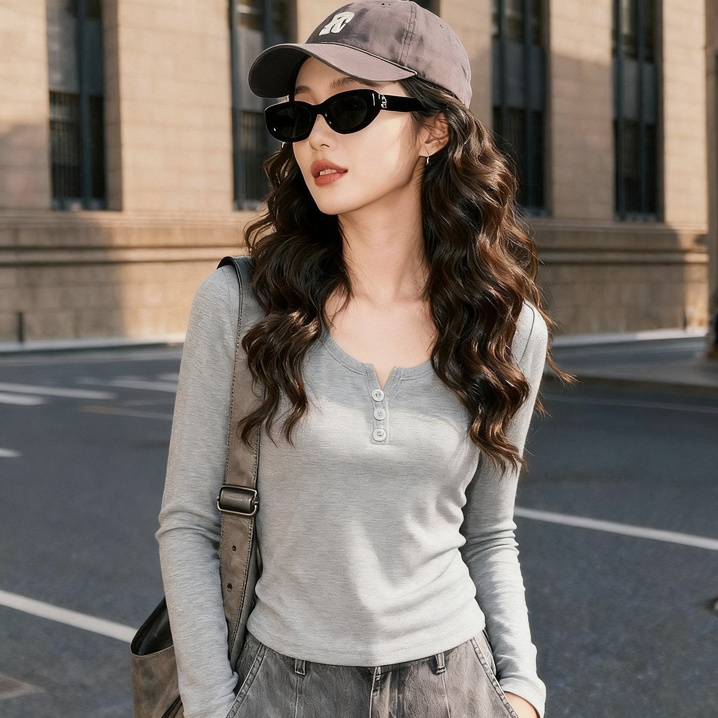 Women's Slim-Fit Semi-Open Round Neck Tee