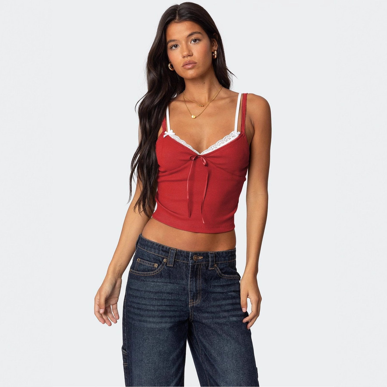 Red Double-strap Fake Two-piece Vest for Women