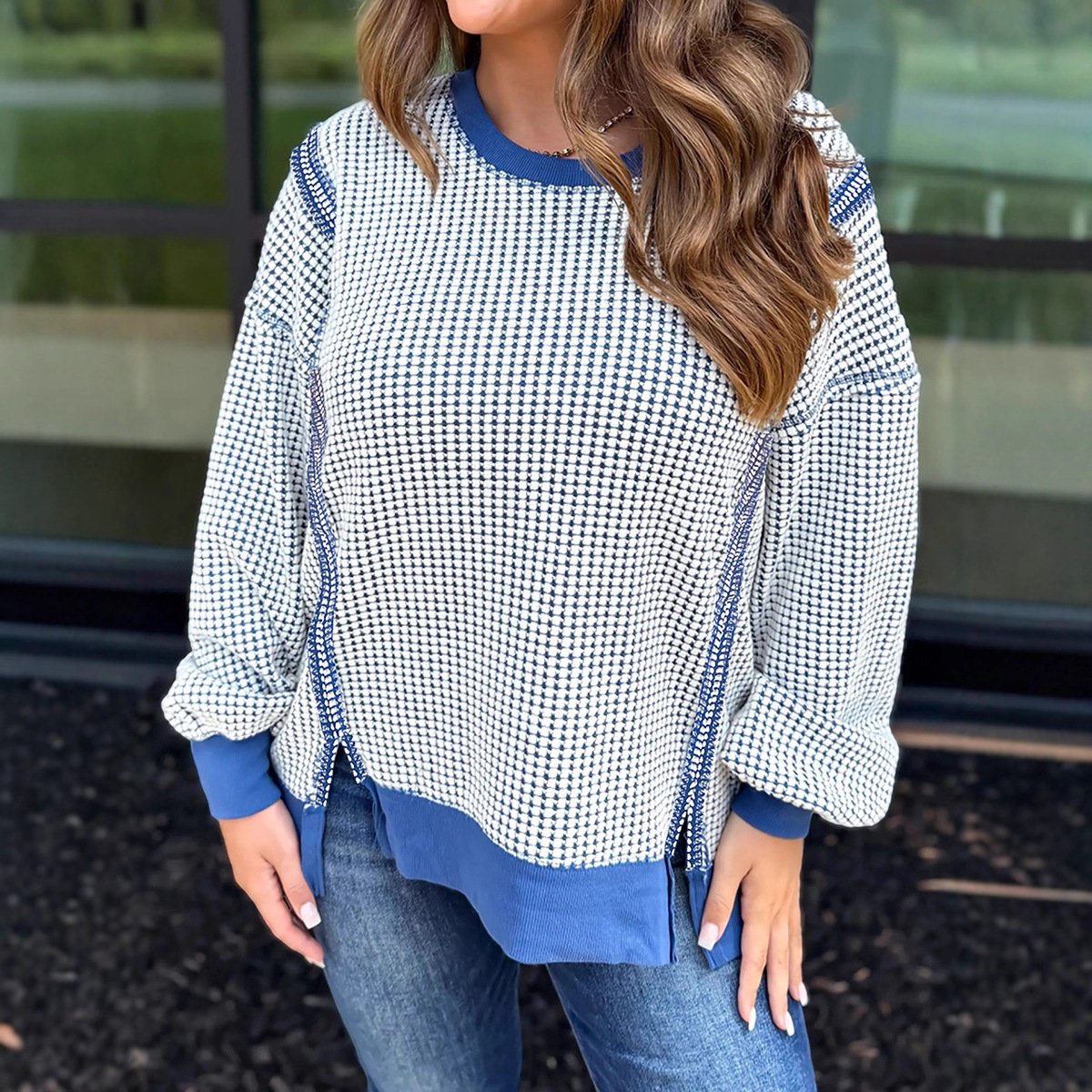 Colorblock Casual Round Neck Knitted Top