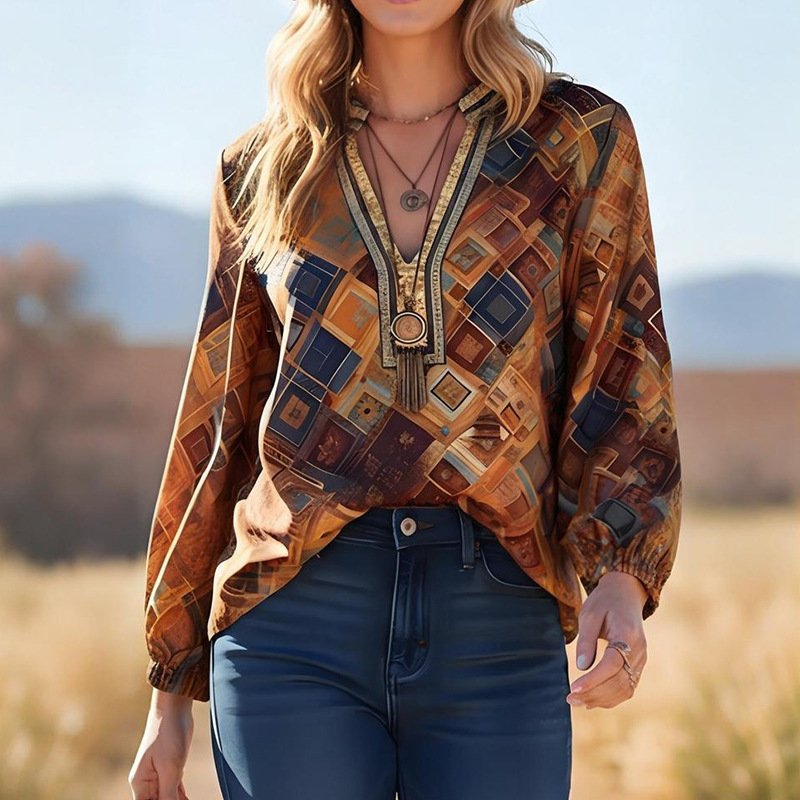 Chic Printed Long Sleeve Loose Casual Top for Women