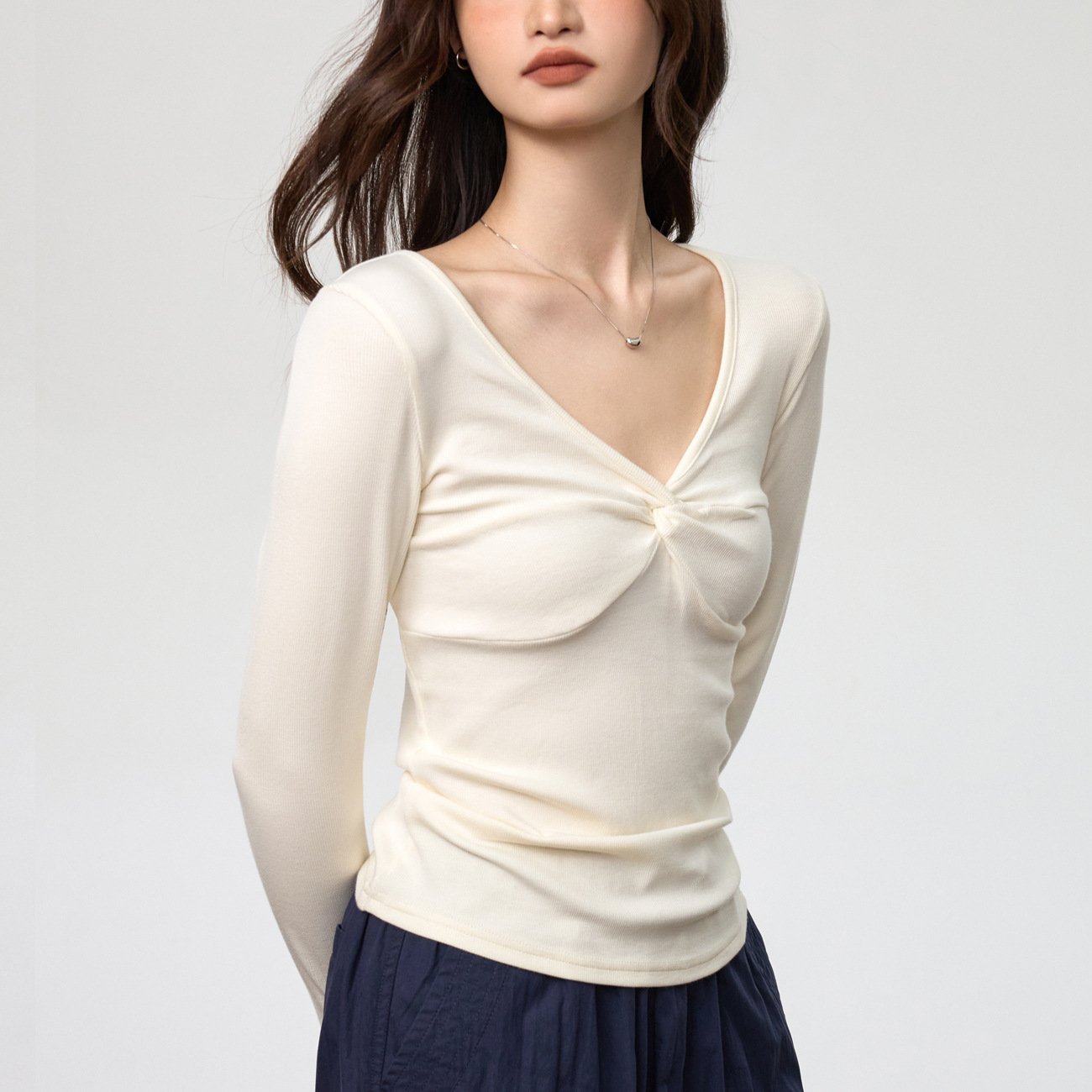 Elegant Deep V-Neck Knot Long Sleeve Top for Women