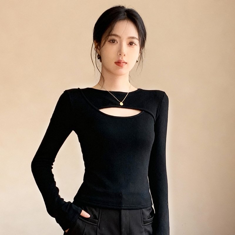 Chic Hollow Out Long Sleeve Slim Fit Top for Women