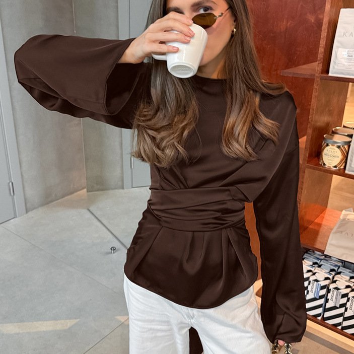 Vintage Waist-Cinching Slim Long-Sleeve Top