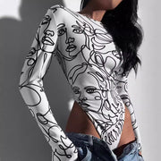 Artistic Face Print Long-Sleeve Round-Neck Top