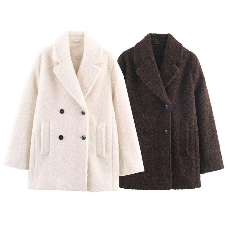 Cozy Boucle Double-Breasted Mid-Length Coat for Women