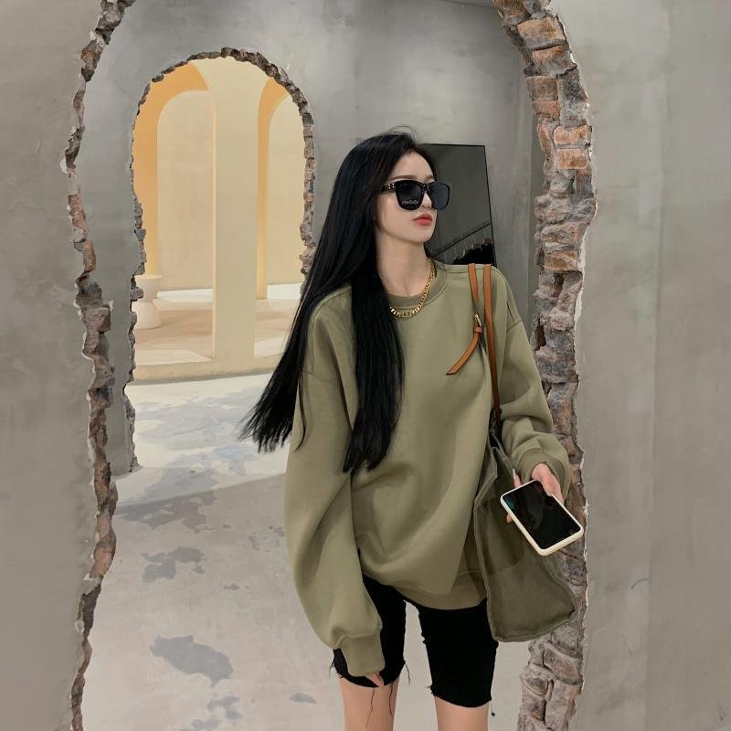 Women's Green Long Sleeve Round Neck Casual Top