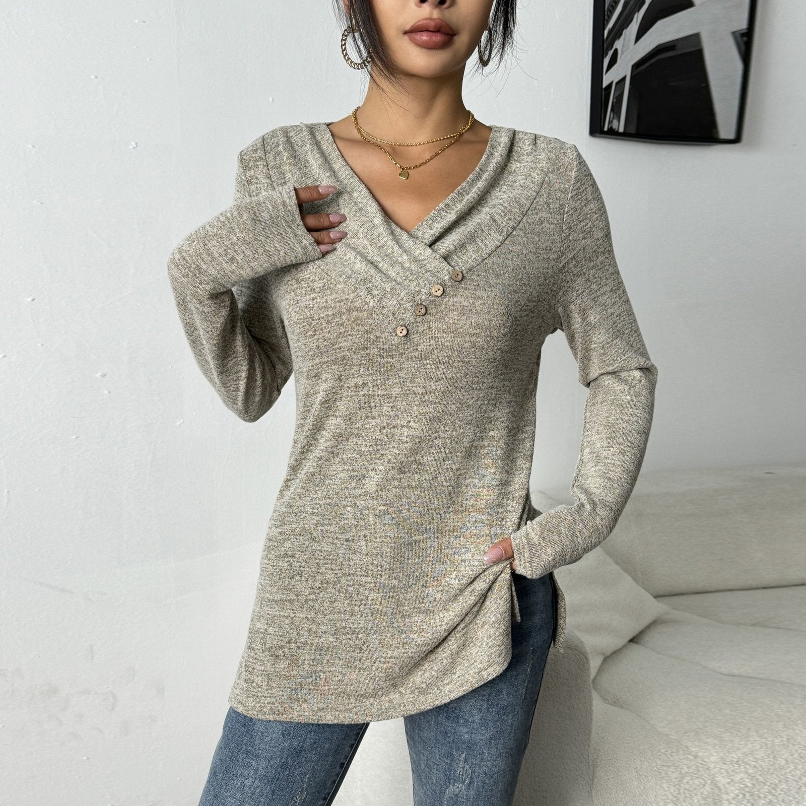 Chic V-Neck Long Sleeve Button-Up Slim Fit Shirt