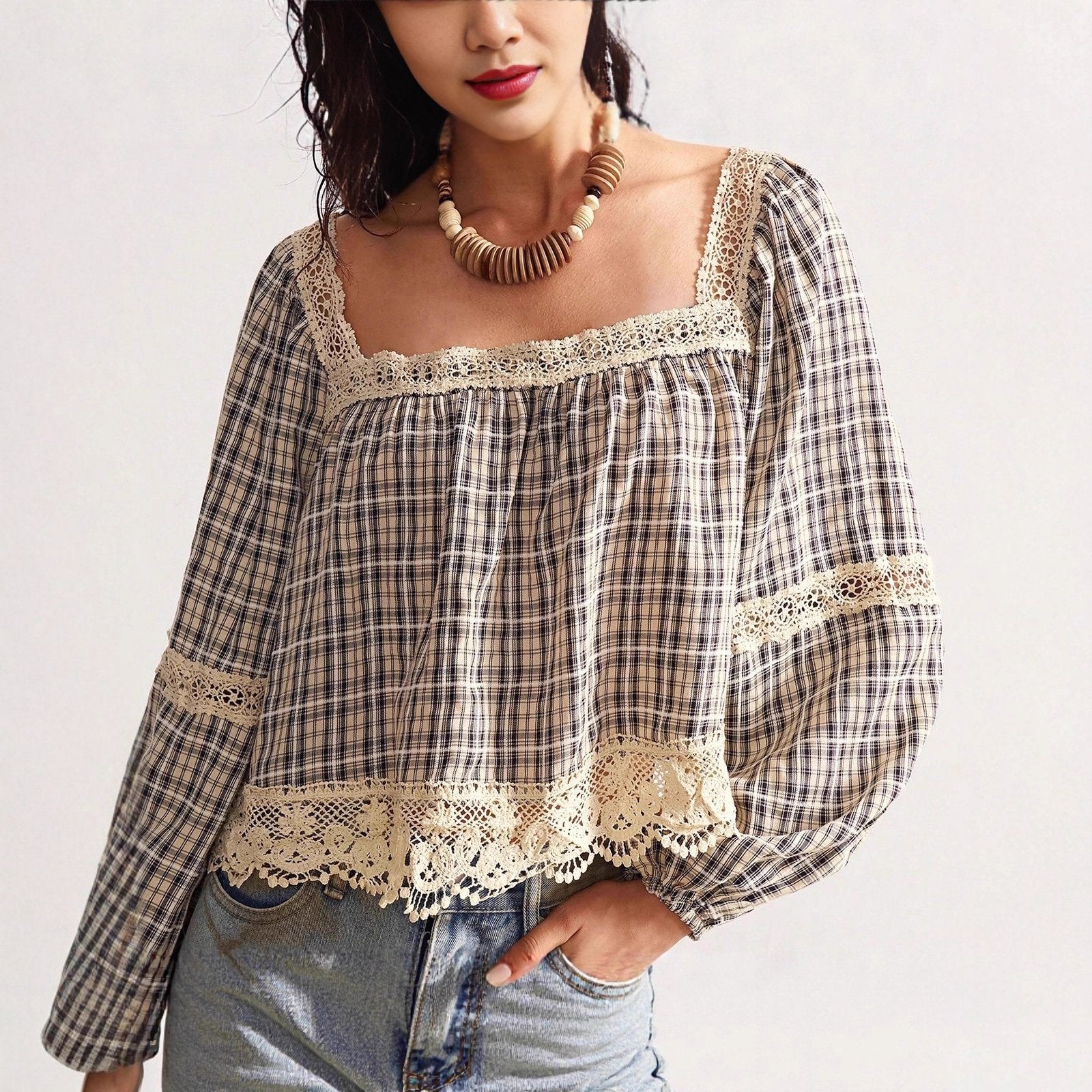 Elegant Lace Patchwork Long-Sleeve Blouse for Women