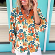 Floral V-Neck Casual Loose Long-Sleeve Top