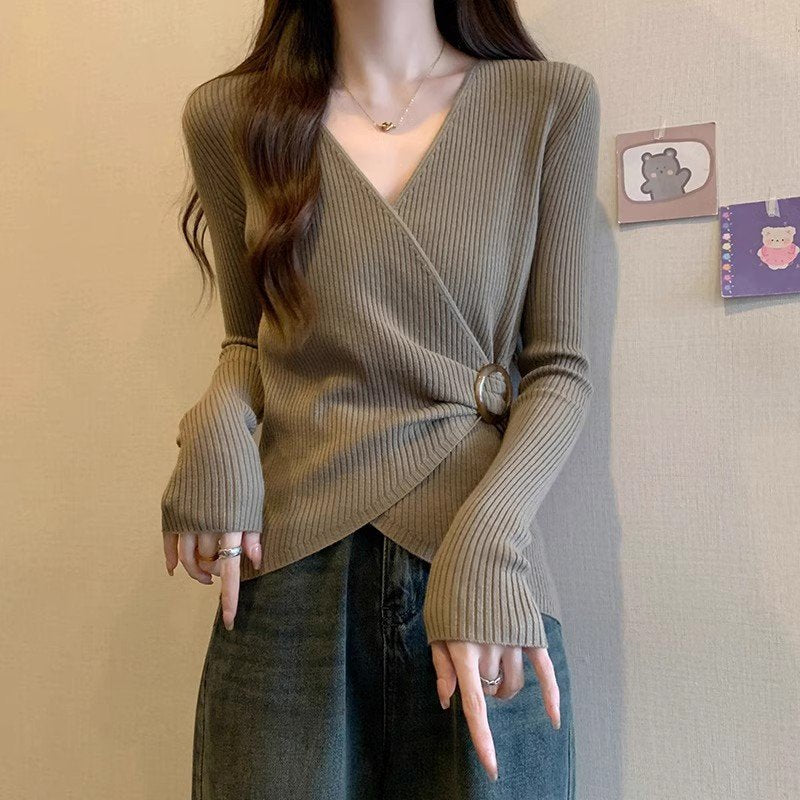 Women's V-Neck Slim-Fit Waist-Cinching Knitted Sweater