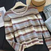 Women's Striped Knit Cardigan Fitted Long-Sleeve Sweater