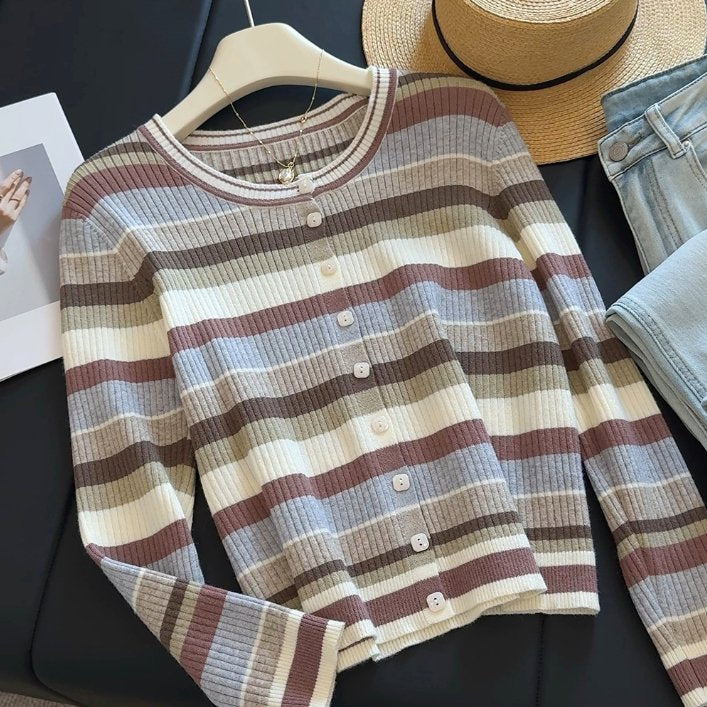 Women's Striped Knit Cardigan Fitted Long-Sleeve Sweater