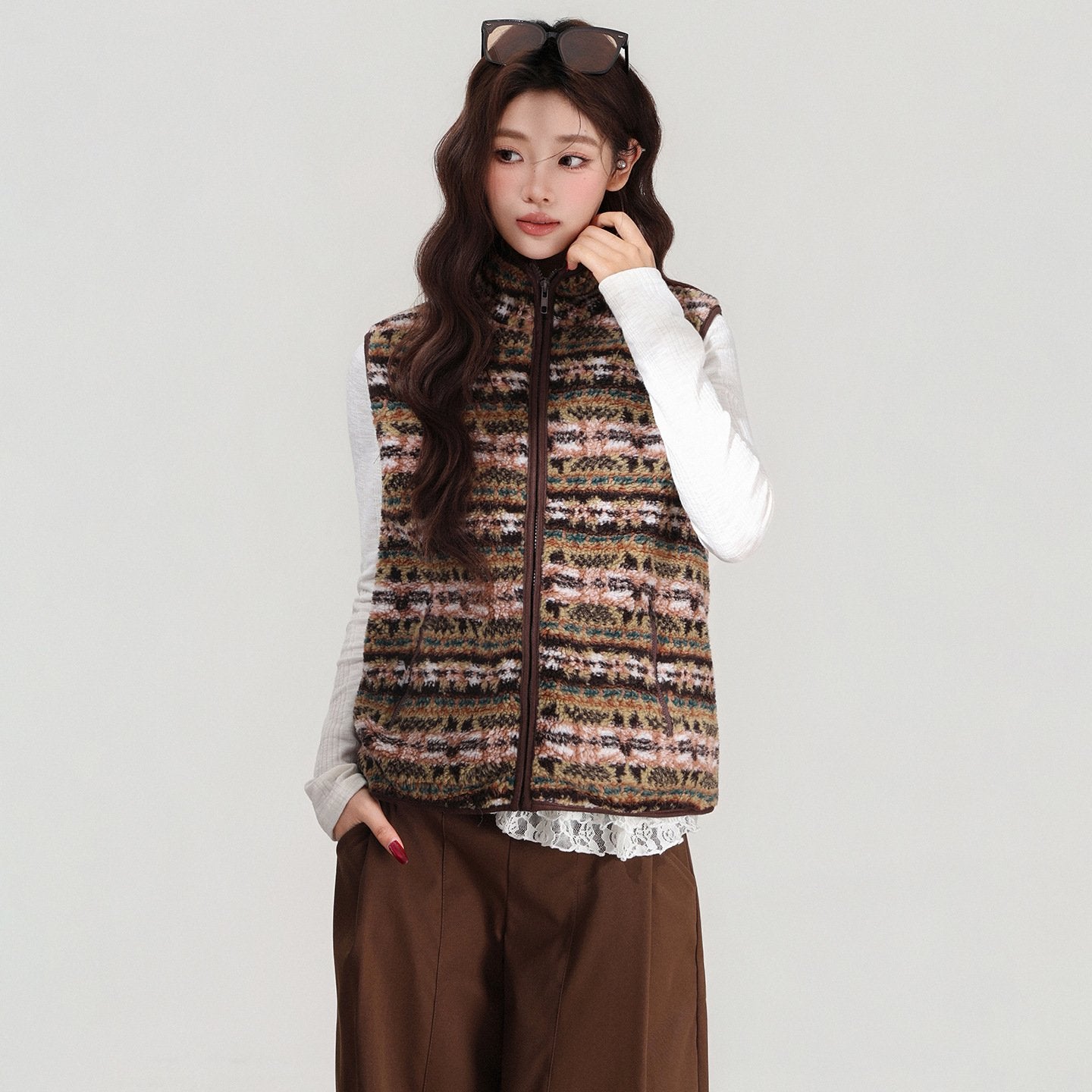 Layering Cardigan Vest for Women - Retro Brown Color Block Style