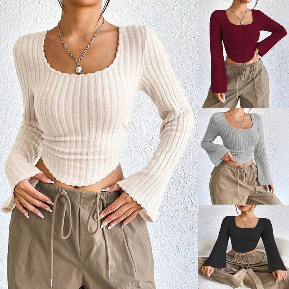 Elegant Square Neck Bell Sleeve Crop Top for Women