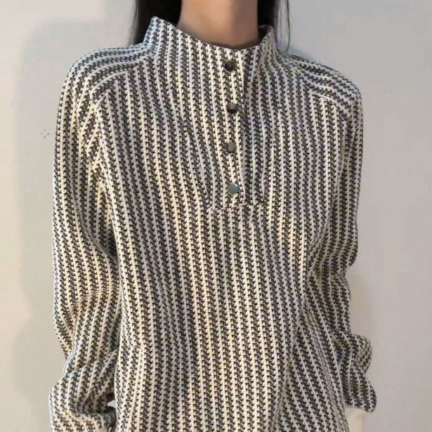 Women's Striped Long-Sleeve Stand Collar Casual Coat