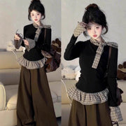 Women's Layered Fake Two-Piece Long Sleeve Black Tee