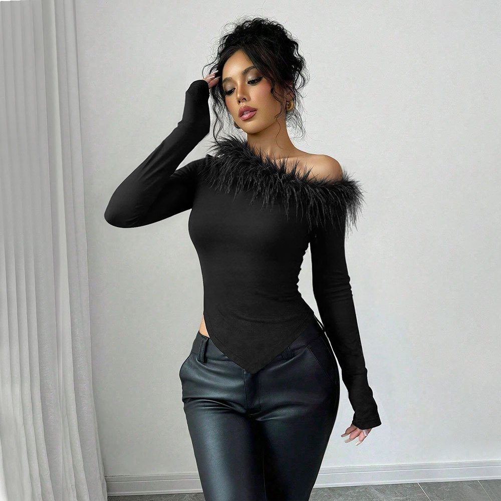 Chic Feather Patchwork Irregular Slim Long Sleeve Top