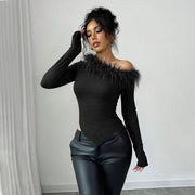 Chic Feather Patchwork Irregular Slim Long Sleeve Top
