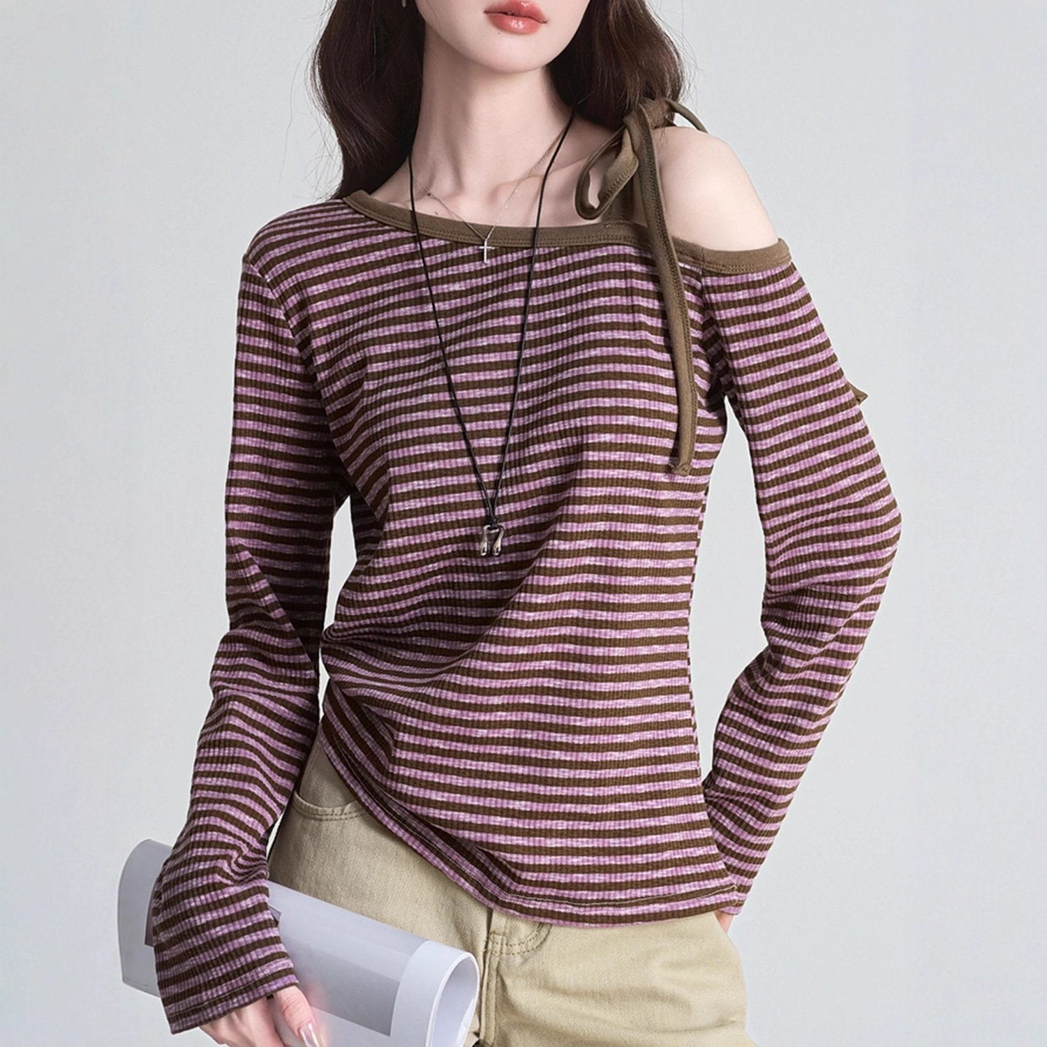 Purple Striped Off-Shoulder Slim Long Sleeve Top