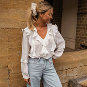 Chic French Pastoral Lace Ruffled V-Neck Blouse