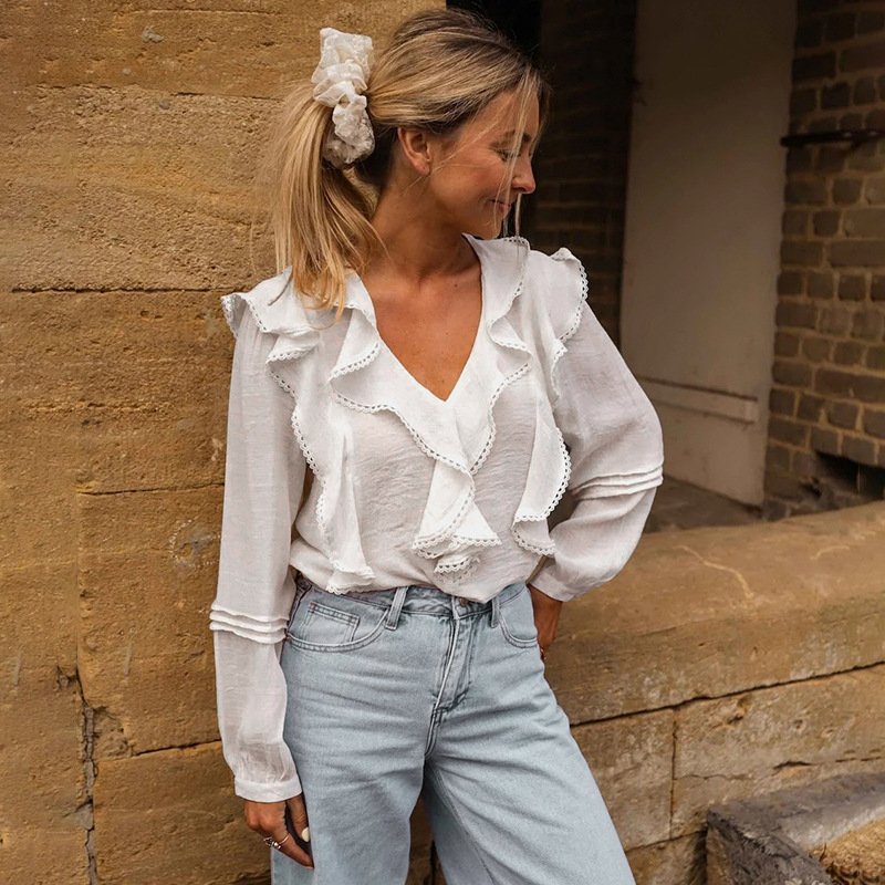 Chic French Pastoral Lace Ruffled V-Neck Blouse