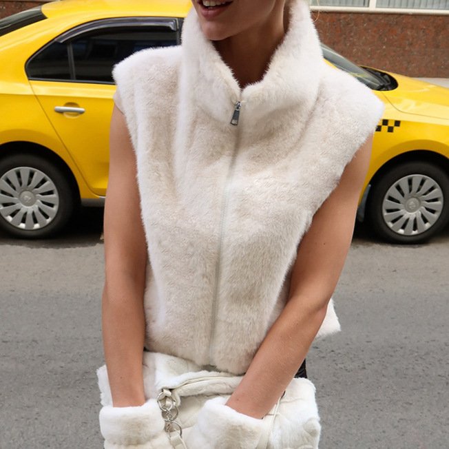 Women's Solid Color Faux Fur Vest Zipper Cardigan