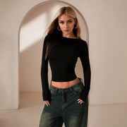 Sexy Lace Spliced Slim Long Sleeve Short Top