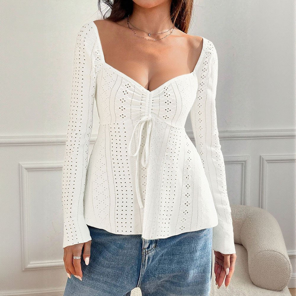 Elegant Women's Lace-Spliced U-Neck Long Sleeve Top