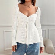 Elegant Women's Lace-Spliced U-Neck Long Sleeve Top