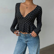 Retro Polka Dot V-Neck Cropped Long Sleeve Top