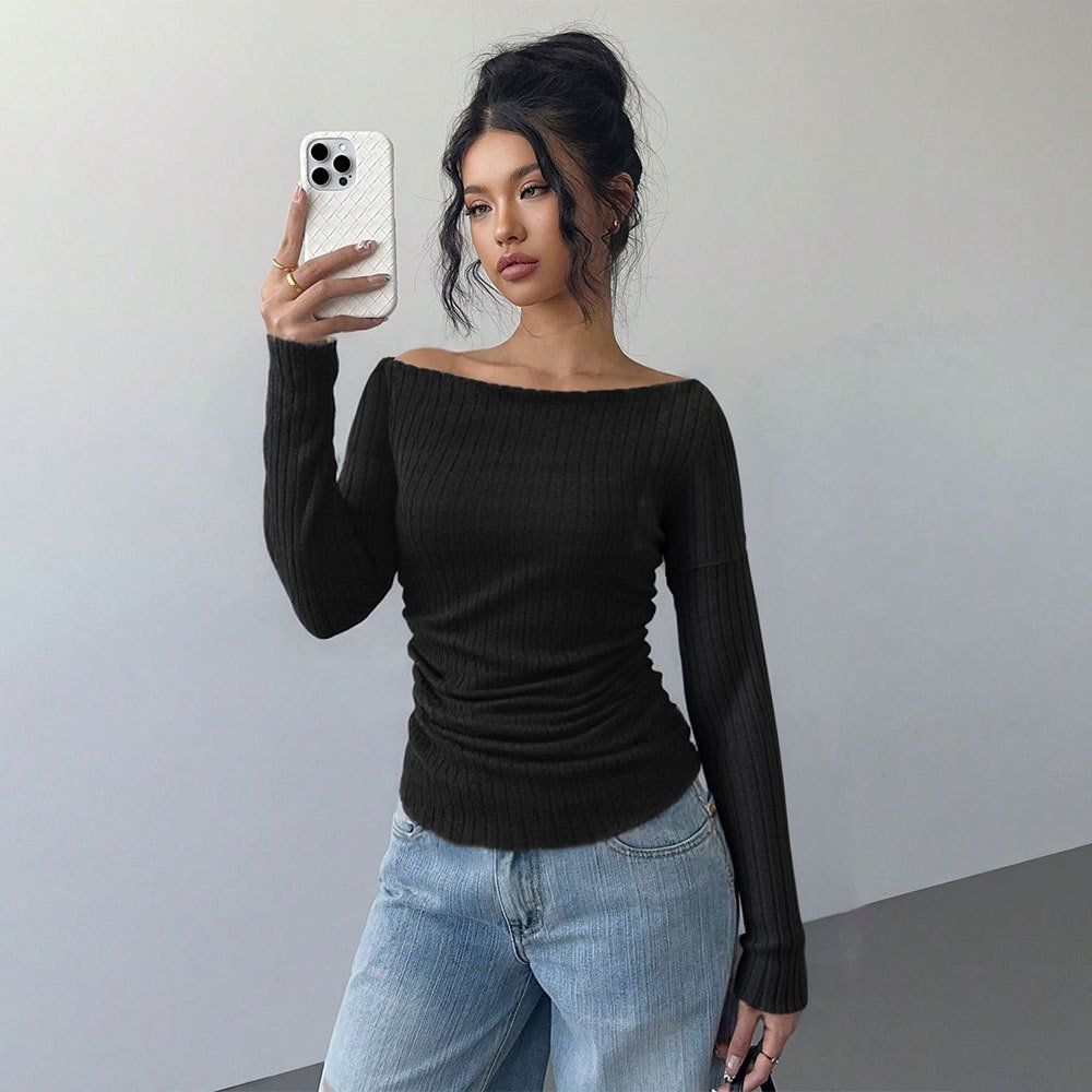 V-Neck Brushed Rib Knit Long Sleeve Top