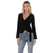 Chic Black V-Neck Waist-Cinching Long-Sleeve Knit Top