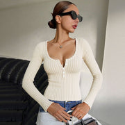 Elegant Slim-Fit U-Neck Button-Up Knit Top