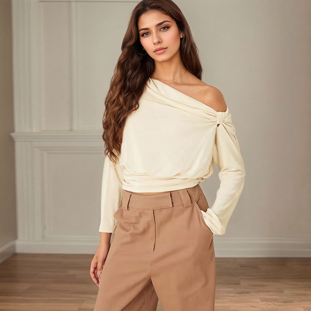 Chic Pleated Waist One-Shoulder Long Sleeve Top