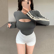 Chic Color-Block Slim-Fit Fake Two-Piece Top