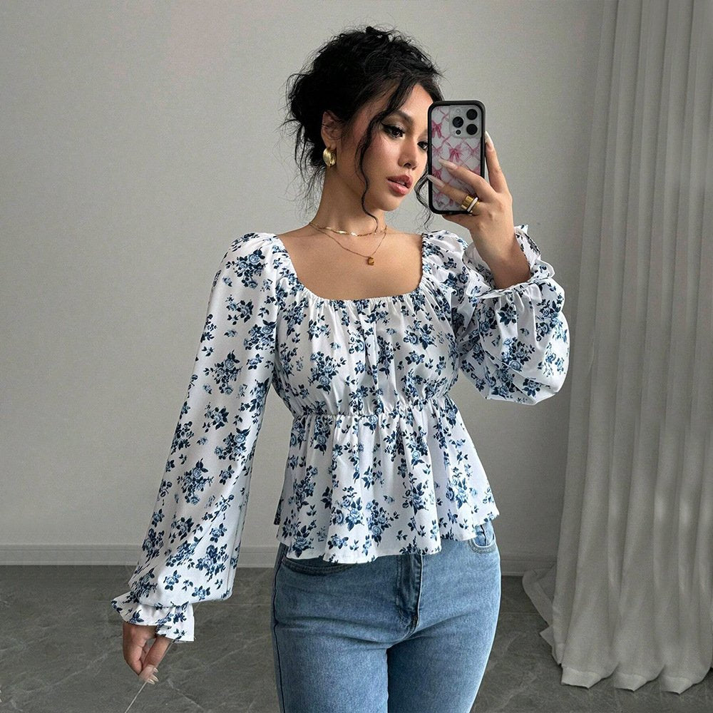 Floral Puff Sleeve Square Neck Top