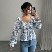 Floral Puff Sleeve Square Neck Top