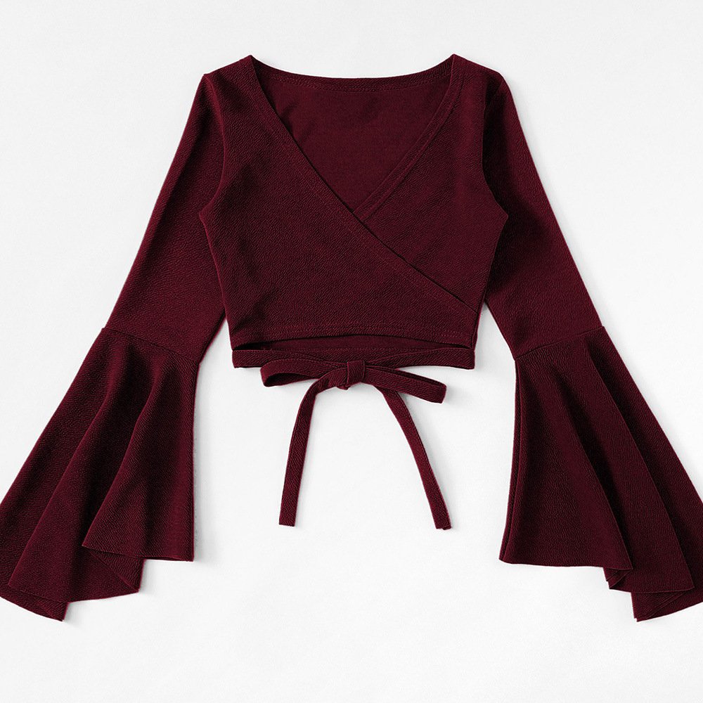 Dark Red Batwing Crop Top Chic Autumn Women's Tee